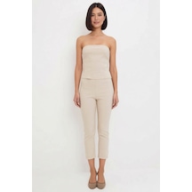 Benerly Kadın Büyük Beden Straplez Crop Bluz Kapri Pantolon Takımı %100 P Taş