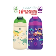 Vagonlife 2'li Set 350 Ml Çocuk Pipetli Çelik Matara Paslanmaz Çelik Termos 5 Farklı Renk 2055-350ml Yeşil-mor