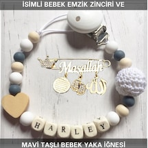 İsimli Bebek Emzik Zinciri ve Beyaz Taşlı Bebek Yaka İğnesi Beyaz