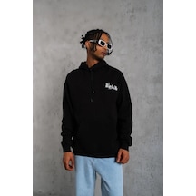 Erkek Oversize Üç İplik Kapüşonlu Sweat Siyah Kol Ve Etek Ribana Detaylı, Ön Ve Sırt Baskılı, Kang Siyah