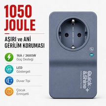 1050 Joule 16a Akım Korumalı Tekli Priz Quick&shine - Led Göstergeli, Duvar Tipi, Aşırı Ve Ani Gerilim Koruyucu, Buzdolabı, Çamaşır Ve Kurutma Makinesi, Kombi, Tv İçin
