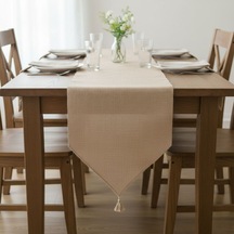 Dyris 50x200 Cm Doğal Jüt Runner Bohem & Rustik Dekoratif Masa Örtüsü, Püskül Detaylı Uzun Runner Acı Kahverengi