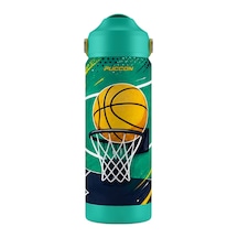 Puccon 540 Ml Basketbol Topu Baskılı Yeşil - Turuncu Erkek Çocuk Pipetli Çelik Termos Matara/suluk - 60060