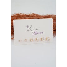 Kadın 3 Boy 6'lı Kare Zirkon Taşlı Küpe Set - Altın