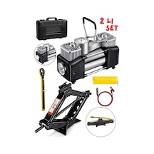 Oto Krikosu 1.5 Ton Makas Cırcırlı Araç Kriko+çift Pistonlu Şişirme Kompresörü 2 Li Set