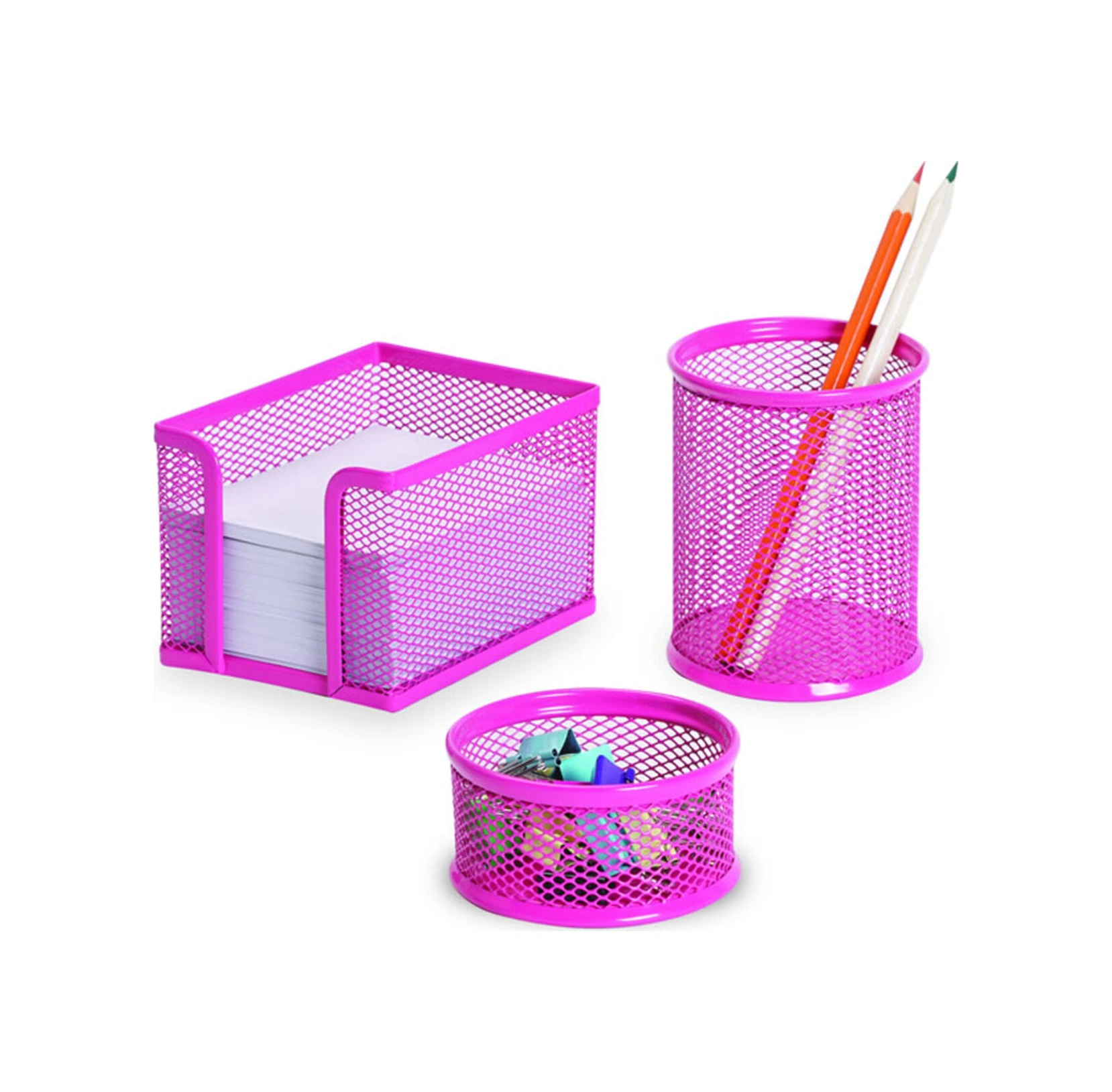 Metal Masa Seti 3 Parça Masa Seti Kalemlik + Notluk + Ataşlık Pembe F0033