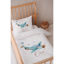 %100 Pamuk Saten Isme Özel Isimli 100x150 Bebek Yatak Nevresim Seti Mavi Uçak