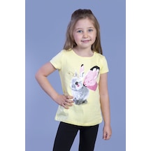 Toontoy Kids Toontoy Kız Çocuk Tavşan Baskılı Pul İşlemeli Tişört Sarı