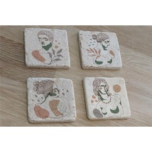 Line Art Heykel Portre Doğal Taş Bardak Altlığı 4'lü Set - Natural Stone Coasters-174099 Beyaz