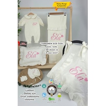 Gros Shop Müslin Yeni Doğan 4katlı Organik %100pamuk Kişiye Özgü Nakışlı Hastane Çıkış Seti Kalpli Model-4 Ekru-1