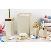 Novahub Akrilik Gold Çizgi Krem Rengi 5'li Soft Kare Banyo Takımı Seti Krem Krem