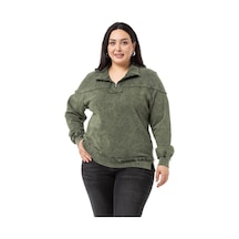 Büyük Beden Pis Dikişli Fermuarlı Yırtmaçlı Parça Boyalı Haki Sweatshirt-haki Haki