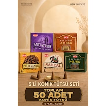 Orijinal 50 Adet Konik Tütsü Seti 5 Farklı Koku Amber Palo Santo Sandal Musk Anti Stress