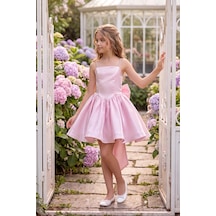 Butik Happy Kids Kız Çocuk Abiye Pembe Monoray Parlak Kumaş Taş Askılı Fiyonklu Kalarık Prenses Abiye Elbise 9-12 Yaş Mezuniyet Düğün Davet Elbisesi