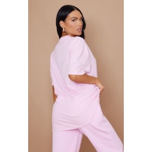 Düz Süprem T-shirt - Pembe Oversize Bisiklet Yaka Kısa Kol Tişört Pembe