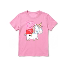 Urbantrendstore Peppa Pig Temalı Unisex Kız Çocuk Erkek Çocuk Bisiklet Yuvarlak Yaka Basic Kısa Kollu %100 Pamuk Tişört Pembe