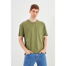 Leo Erkek Oversize Tshirt %100 Pamuk Cep Detaylı Bisiklet Yaka Basic Tişört Mtlce75 Haki
