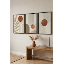 Siyah Ahşap Çerçeveli Boho Soyut Duvar Tablosu 3 Lü Set Geometrik Terracotta Siyah