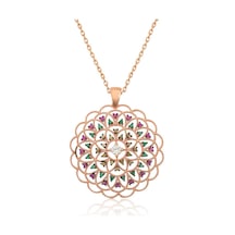 Gümüş Rose Geometrik Desenli Madalyon Kolye Beyaz