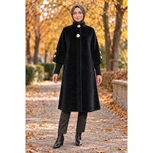 Gold Düğmeli Uzun Kaban-siyah-5994