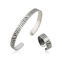925 Ayar Gümüş Zebra Desenli Bileklik Ve Yüzük Set Beyaz 925 Ayar Gümüş Zebra Desenli Bileklik Ve Yüzük Set Beyaz
