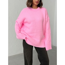 Kadın Yumuşak Dokulu Bisiklet Yaka Oversize Basic Triko Kazak Pembe
