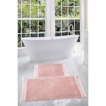Relax Pudra 60x100 + 50x60 Cm 2'li Köşeli Ponpon Saçaklı Banyo Halısı Paspası Seti Kaymaz Tabanlı Pudra Pembe