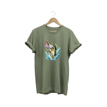 Fishing Balıkçılık Levrek Balığı Deniz Baskılı %100 Pamuk Regular Fit Bisiklet Yaka Haki T-shirt Haki