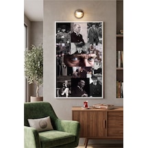 Beyaz Ahşap Çerçeveli Atatürk Temalı Duvar Tablosu Tekli Set Siyah Beyaz Tarihi Fotoğraf Kolajı Modern Dekorasyon Kabartma Görünümlüdür Beyaz