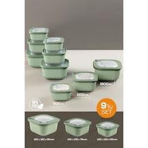 Vienev Mikrodalga Ve Difrize Uygun Vip Kapaklı Özel Saklama Kabı Seti Yeşil 9'lu 3 x 600 - 1100 - 1800 ML Yeşil
