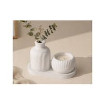 3 Lü Dekoratif Vazo Mum Ve Tepsi Seti Modern Ev Dekoru Beyaz - 909677033 Beyaz - 909677033