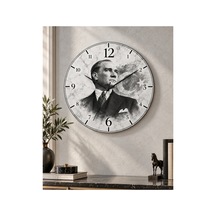 Atatürk Temalı 45 Cm Ahşap Sessiz Akar Mekanizmalı Uv Baskılı Dekoratif Duvar Saati Hediyelik 1093 Çok Renkli