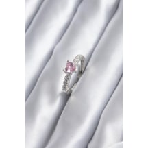 Gümüş Renk Zirkon Taşlı Pembe Kristal Kalp Model Kadın Yüzük Renkli