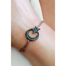 Turkuaz Taşlı Ay Yıldız Figürlü 925 Ayar Gümüş Rose Bileklik
