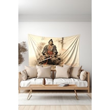 Samuray Savaşçısı Desenli Duvar Halısı Duvar Örtüsü Tapestry Süet Dokulu Kumaş