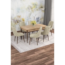 Jusie Meşe Desen 80x132 Açılabilir Sunta Masa Yemek Odası Takımı, Mutfak Takımı 6 Adet Sandalye Krem