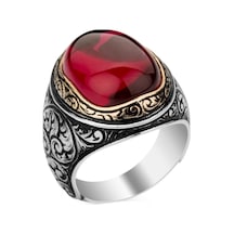 Yakut Ruby Taşlı Kalem Işleme Desenli Gümüş Erkek Yüzük