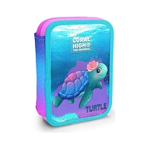Coral High Kids Açık Pembe Mavi Kaplumbağa Desenli Çift Katlı Kalem Çanta 11134 Çok Renkli