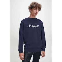 Baskılı Gitar Logo Baskılı Indigo Mavi Lacivert Erkek Sweatshirt