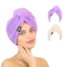 2'li Paket Mikrofiber Saç Havlusu 2 Düğmeli Saç Kurutma Bonesi Baş Havlusu Lila
