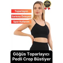 Svein Göğüs Toparlayıcı Sarkma Önleyen Gündelik Spor Kullanım İnce İp Askılı Pedli Çizgili Crop Büstiyer Siyah