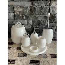 Beyaz Doğal Mermer Gümüş Mercan Aksesuarlı Oval 7,li Banyo Seti Beyaz