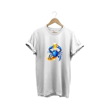 Yaz Baskılı Mavi Yengeç %100 Pamuk Regular Fit Bisiklet Yaka Beyaz T-shirt Beyaz
