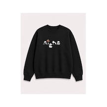 Herkesemoda Yavru Pandalar Baskılı 2 İplik Şardonlu Bisiklet Yaka Sweatshirt Siyah