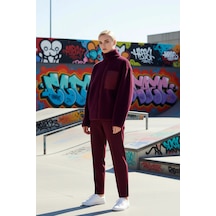 Benerly Kadın Dik Yaka Düşük Kol Tam Fermuarlı Peluş Sweatshirt Fonksiyon Mürdüm