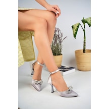 GİMER - Kadeh Ökçeli Arkası Kapalı Taşlı Gümüş Saten Kadın St... Gümüş