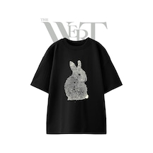 Thewert Rabbit Fingerprint Tasarım Baskılı Ünisex Siyah Oversize T-shirt