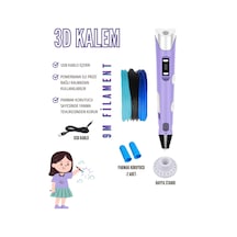 Mor 3D Kalem 3D Pen Yazıcı Kalem – 3 Adet 3 Metrelik PLA Filament (Toplam 9M) + USB Kablo