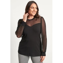 Myline Kadın Kolları Ve Yakası Tül Detaylı Penye Bluz 56056 Siyah