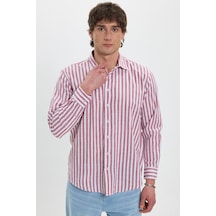 Tudors Erkek Regular Fit Rahat Kesim %100 Pamuk Çizgili Keten Efektli Bordo Gömlek-46431